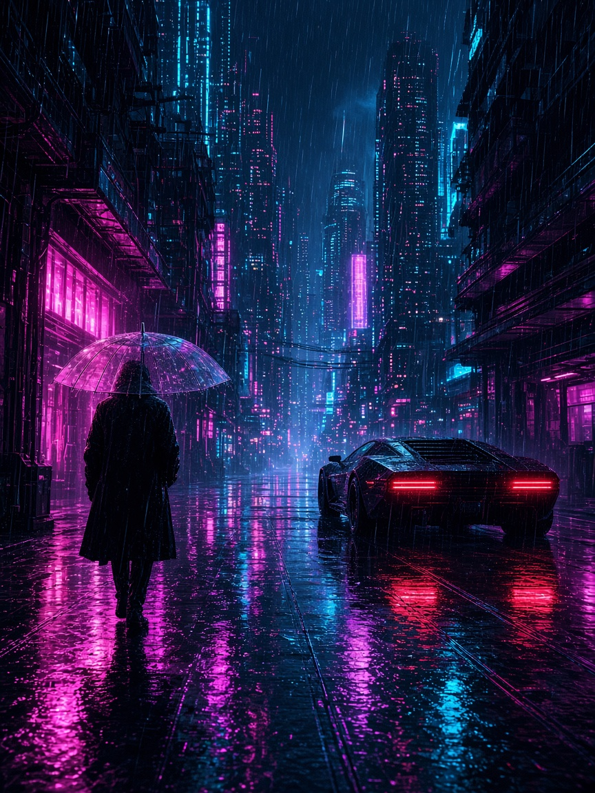 A rainy futuristic city street at night with pink and cyan neon lights, a silhouetted person holding a translucent umbrella, and a retro sports car with red taillights. AI-generated artwork.