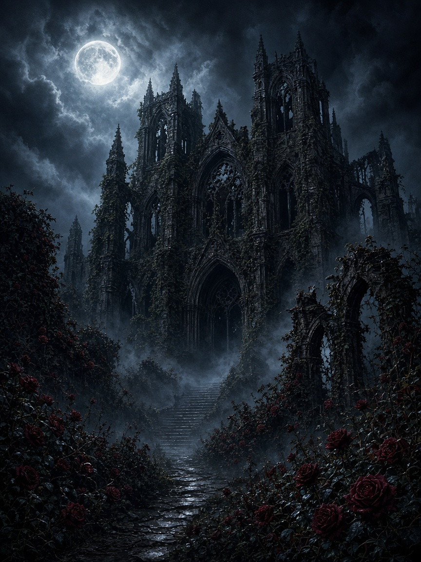 A ruined gothic cathedral wrapped in ivy and fog under a bright full moon, with dark red roses lining a stone path. AI-generated artwork.