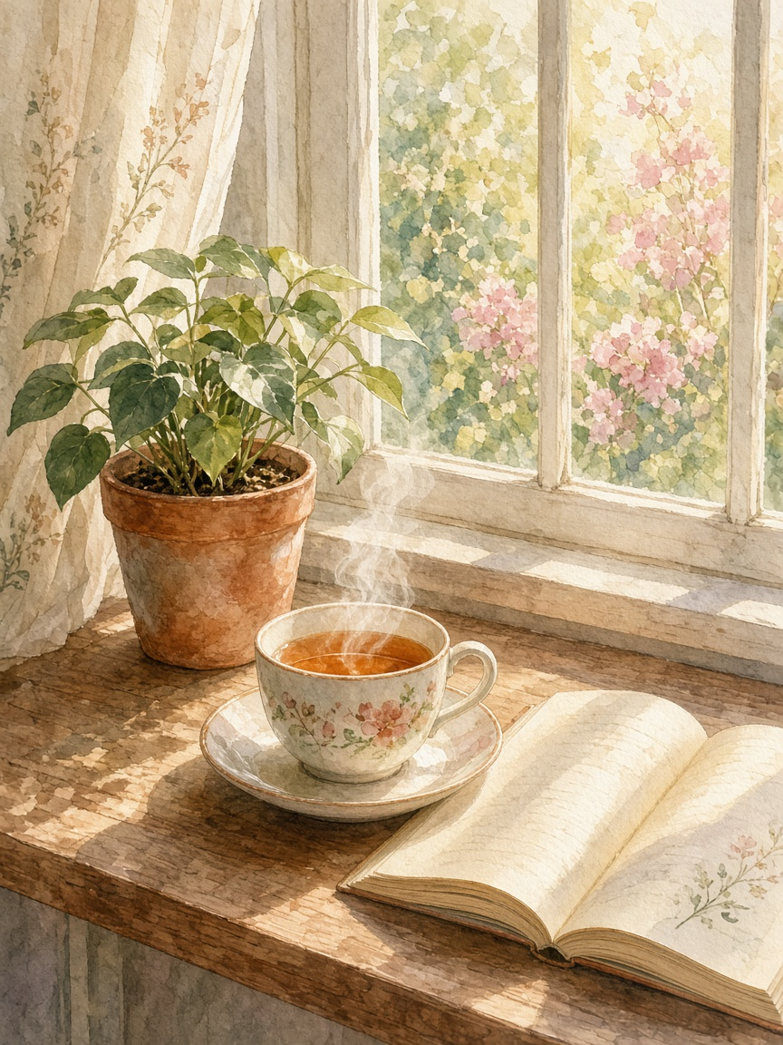 Watercolor-style window sill with a steaming cup of tea on a floral saucer, a potted plant, an open book, and pink blossoms outside. AI-generated artwork.