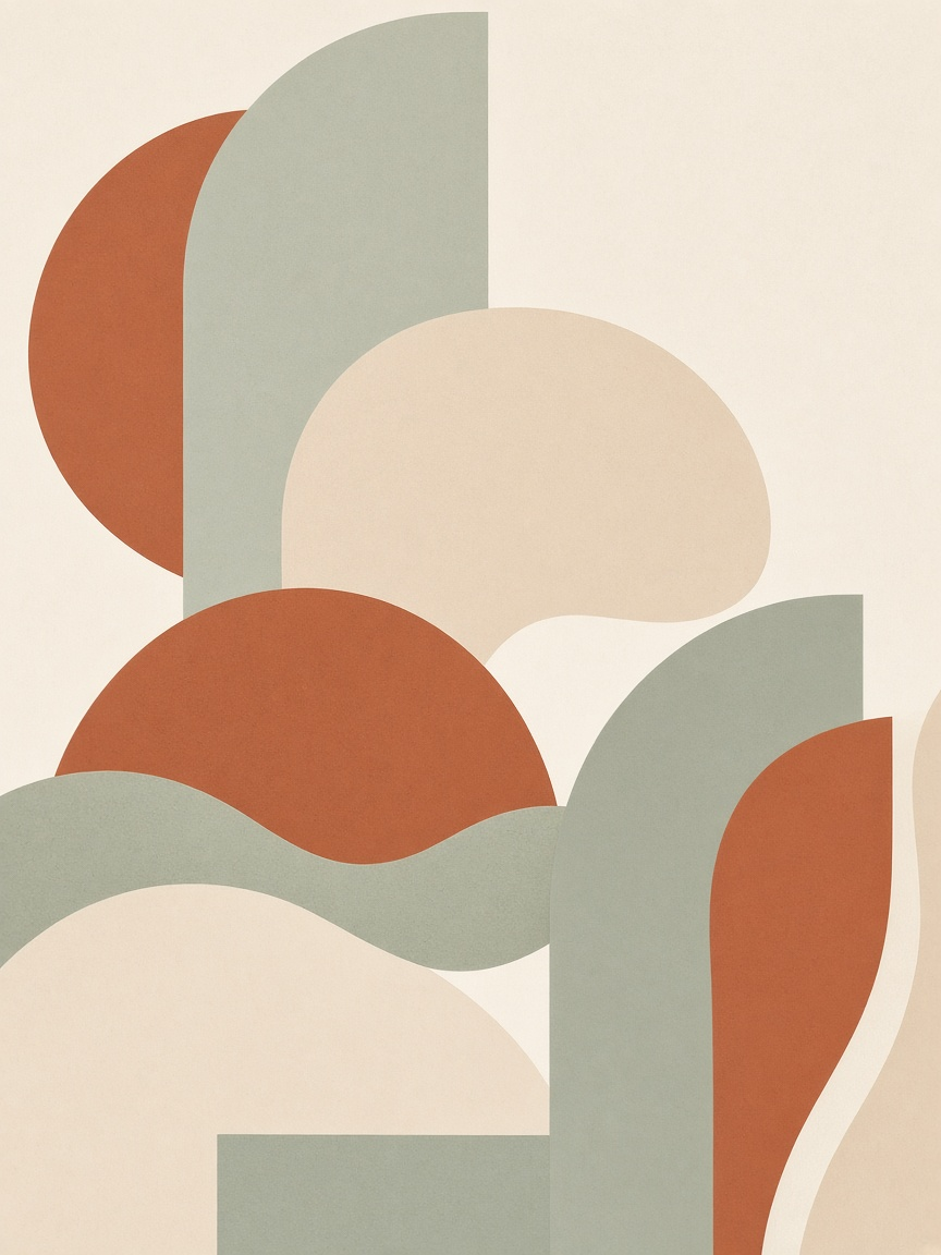 Abstract composition of overlapping terracotta, sage green and cream arches and curves on an off-white background. AI-generated artwork.