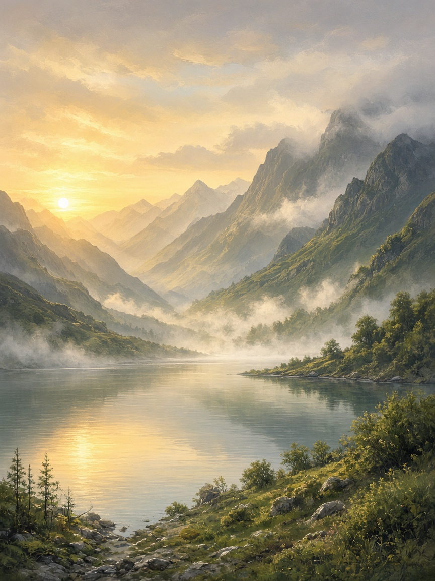 A misty mountain lake at sunrise, with golden light, layered ridges, and green shrubs along a rocky shore. AI-generated artwork.
