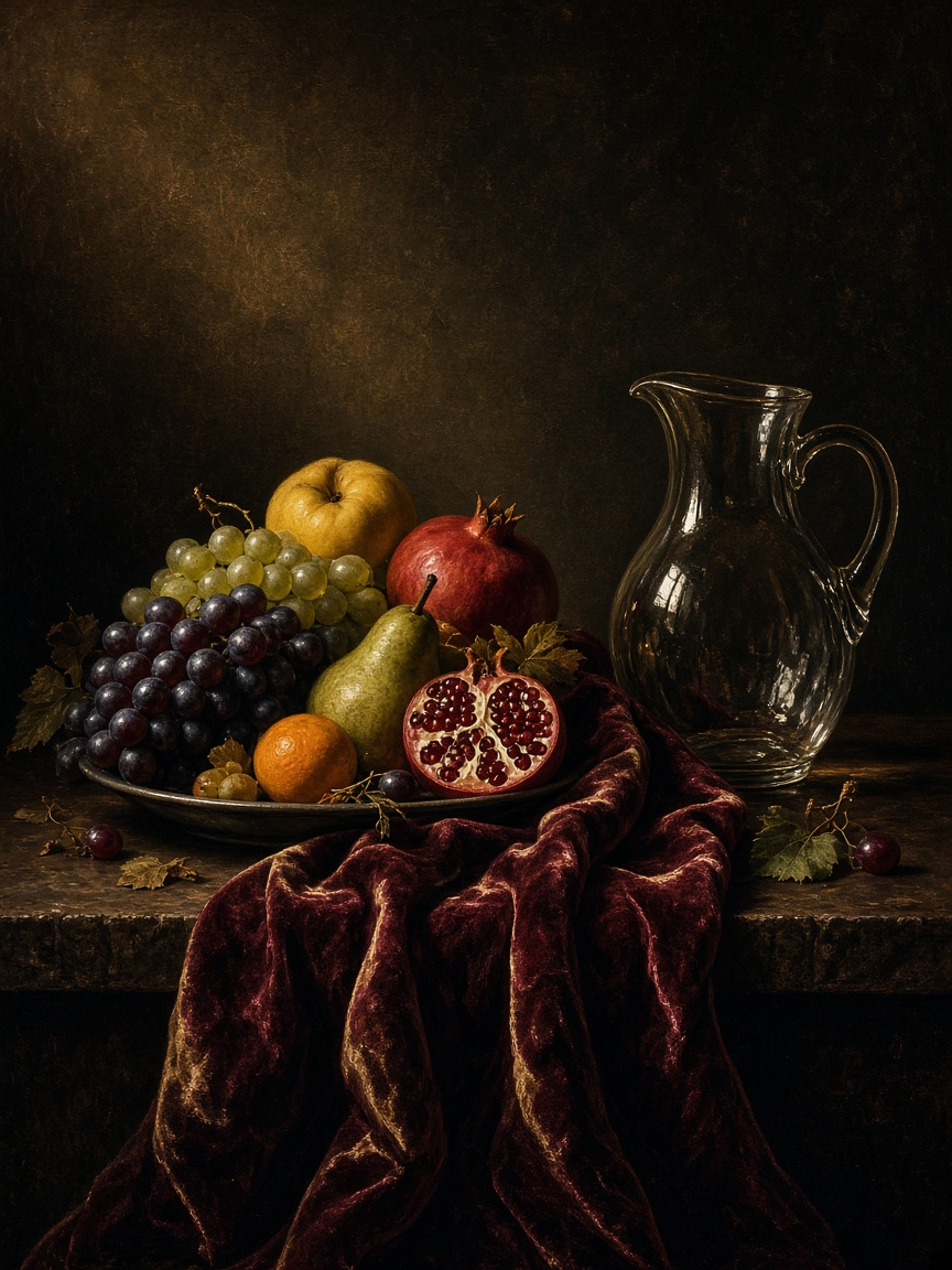A dark still life with a plate of grapes, pear, apple, orange and cut pomegranate, a glass pitcher, and draped burgundy velvet on a stone ledge. AI-generated artwork.